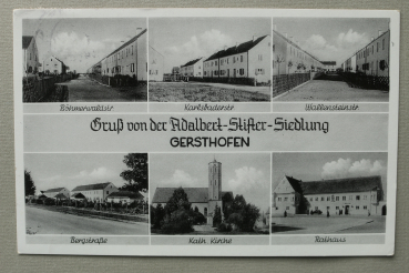 AK Gersthofen / 1954 / Mehrbildkarte / Gruss von der Adalbert Stifter Siedlung / Rathaus / Böhmerwaldstr / Karlsbaderstr / Wallensteinstr